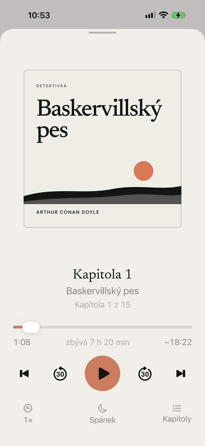 Audiobook player: chapter, time left, 30 second skips, speed and sleep timer